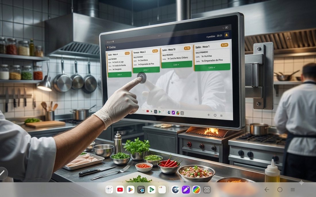 Pantalla de cocina mostrando los pedidos en preparación, organizados por mesa