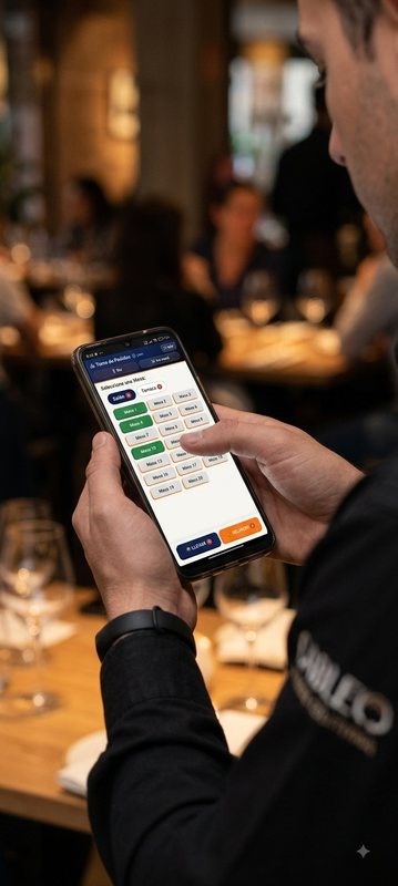 Garzón tomando un pedido desde su celular en el salón del restaurante