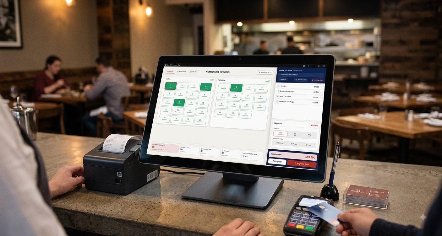 Caja de GaonaSoft-Restaurant funcionando en un restaurante real, con el mapa de mesas y el detalle de cobro en pantalla